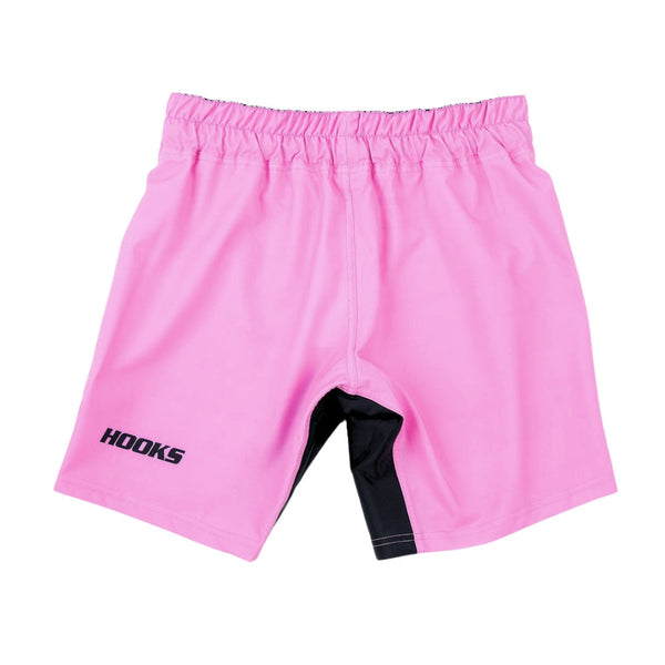 Hooks Rose Fusion Shorts, back flat lay showing pink fabric, black gusset panel, and elasticated waistband