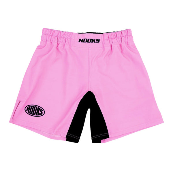 Hooks Rose Fusion Shorts, front flat lay showing pink body, black gusset panel, and oval Hooks logo on left leg