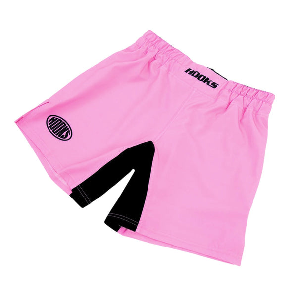 Hooks Rose Fusion Shorts, front angle flat lay showing pink body, black side panel gusset, and oval logo on left leg.
