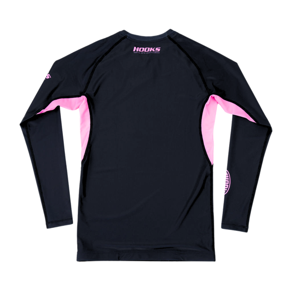 Hooks Long Sleeve Rash Guard Rose Noir, back view flat lay showing black body with pink side panels and Hooks logo at nape