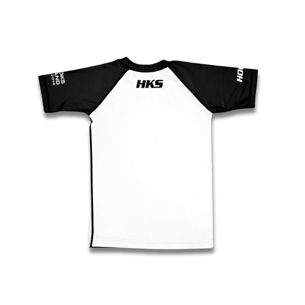 Hooks Kids 2026 Ranked BJJ Rash Guard White, back view flat lay showing black raglan sleeves and HKS logo at nape