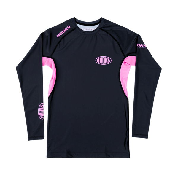 Hooks Long Sleeve Rash Guard Rose Noir, front flat lay showing black body with pink side panels and oval chest logo
