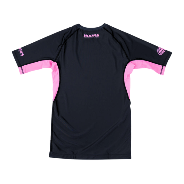 Hooks Short Sleeve Rash Guard Rose Noir, back view flat lay, black with pink side panels and sleeve accents