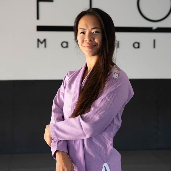 Hooks Pastel BJJ Gi in Lilac, front view worn, showing lapel and ribbed jacket texture