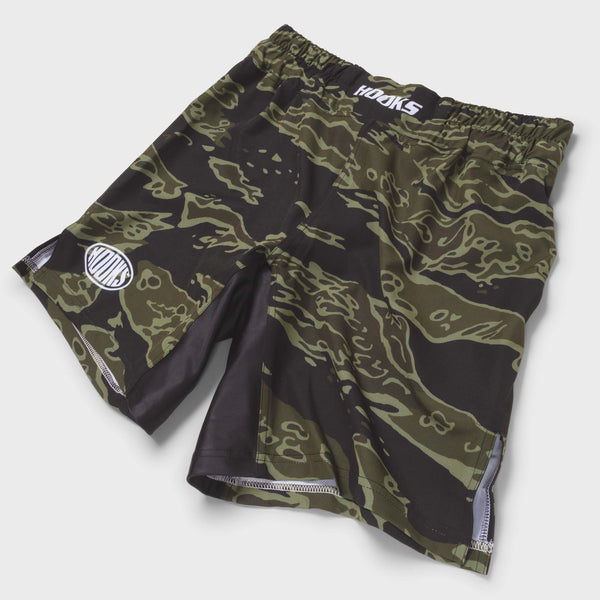 Front flat lay of Hooks Tiger Camo BJJ grappling shorts in black