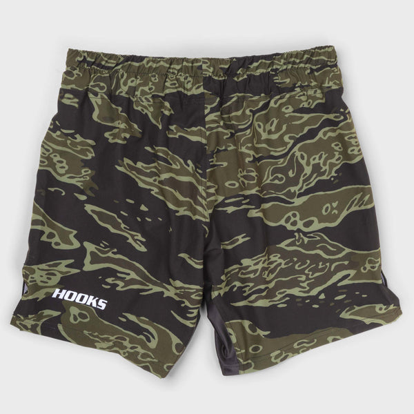 Back view of Hooks Tiger Camo BJJ grappling shorts in black