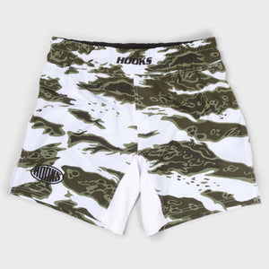 Hooks Tiger Camo BJJ grappling shorts white – front view