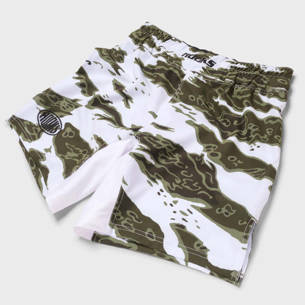 Front flat lay of Hooks Tiger Camo BJJ grappling shorts in white