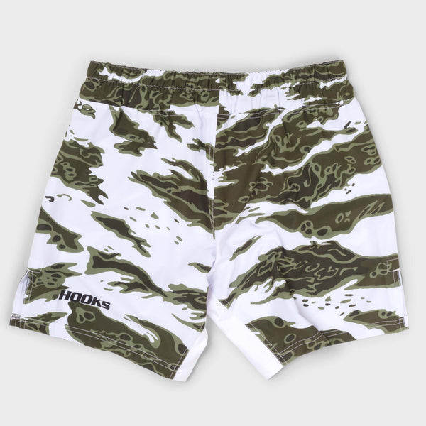 Back view of Hooks Tiger Camo BJJ grappling shorts in white