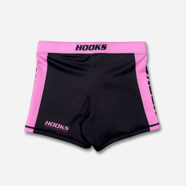 Hooks Flex Women's Shorts Rose Noir, front flat lay showing black body with pink waistband and side panels