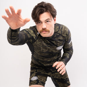 Long sleeve black tiger camo rash guard for BJJ