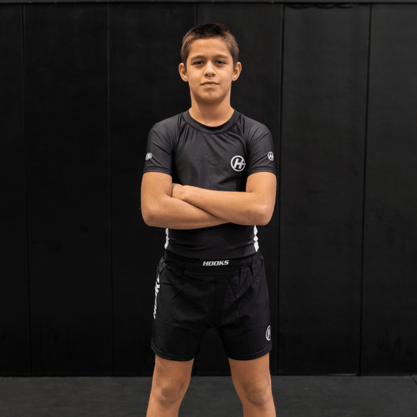 Hooks Pursuit BJJ kids rashguard when worn