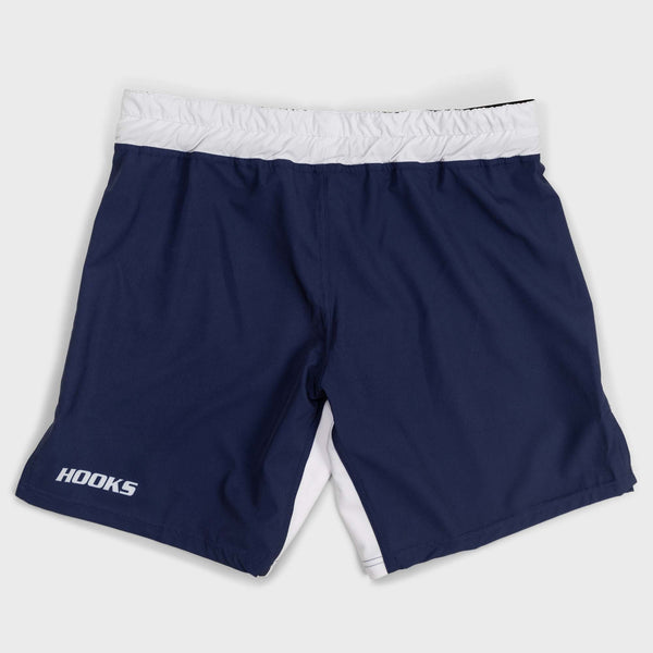 Hooks BJJ Grappling Shorts, front flat lay in navy with white waistband and inner gusset