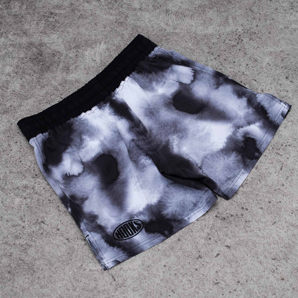 Hooks Sport Grappling Shorts Black Mist, front flat lay showing monochrome ink-wash print and black elasticated waistband