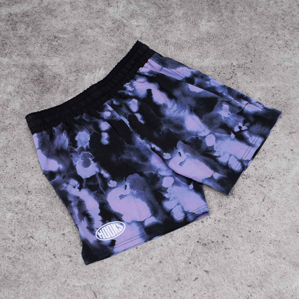 Hooks Sport Grappling Shorts Violet Haze, front flat lay showing black and purple tie-dye print with oval logo and elastic