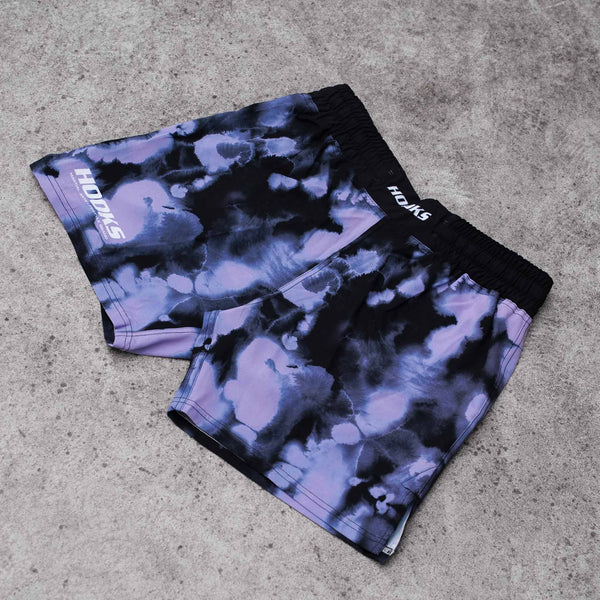 Hooks Sport Grappling Shorts Violet Haze, flat lay showing front and back with purple and black tie-dye print and black