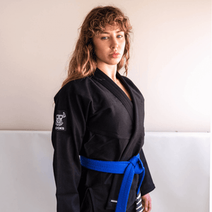 Headstrong Gi top worn, front view with belt tied