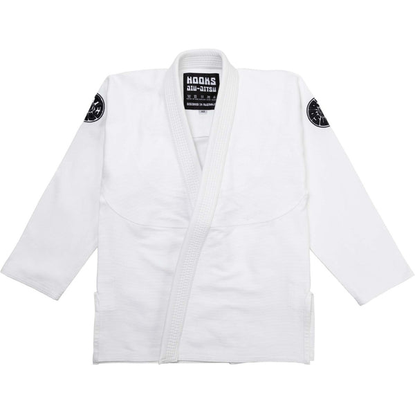 White HOOKS Kimono Front View JIU JITSU Arte Suave gi, showcasing heavy-duty fabric and shoulder patches for martial arts