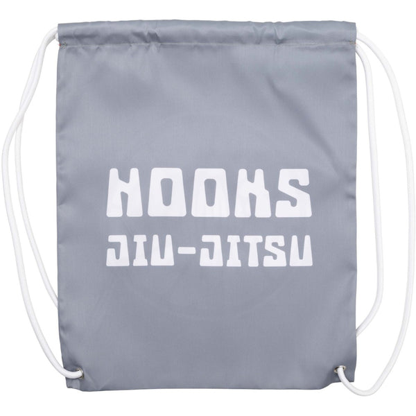 Grey drawstring bag with bold white ‘HOOKS JIU-JITSU’ text, perfect for martial arts enthusiasts