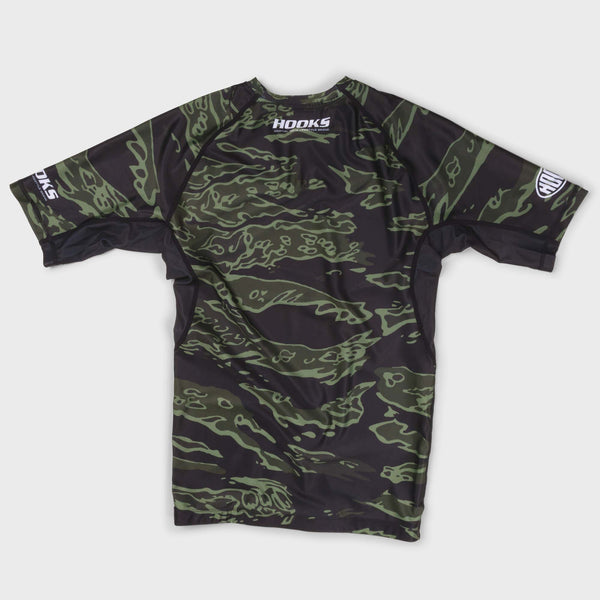 Hooks BJJ rash guard with tiger camo print- back design