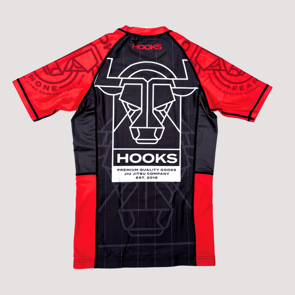 Black and red sports jersey with 'HOOKS' branding on a light gray background
