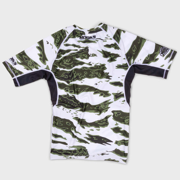 Hooks BJJ rash guard with tiger camo print- back design