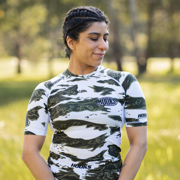 White tiger camo rash guard for BJJ
