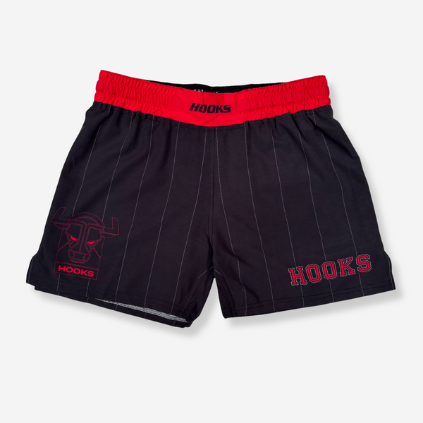 Black shorts with red waistband and 'HOOKS' branding on a white background