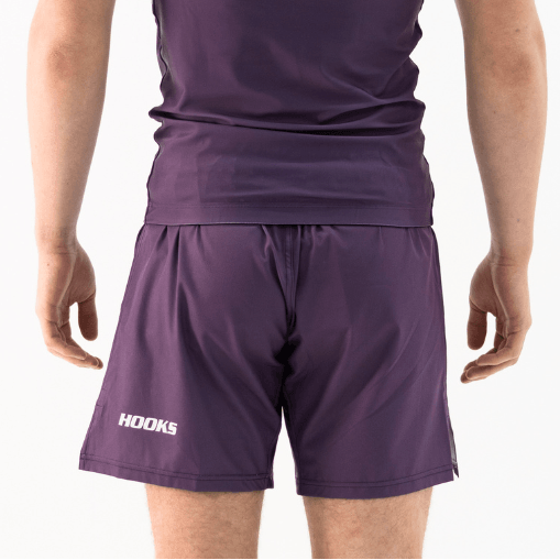 Hooks Fusion Grappling Shorts Plum, front view worn, showing waistband and Hooks logo on left leg