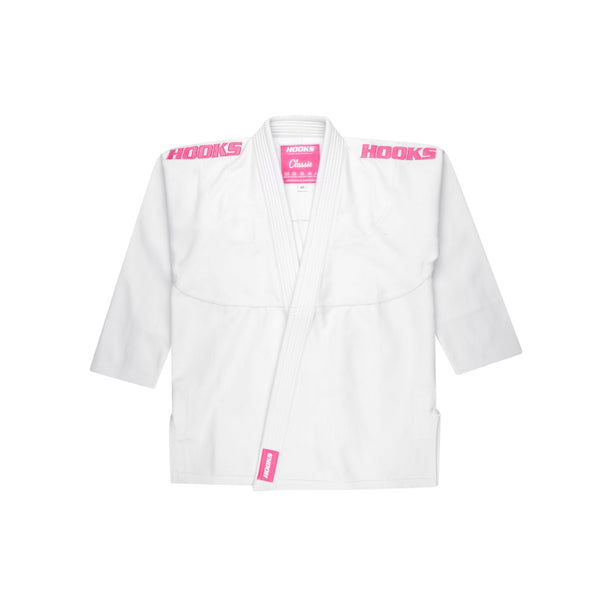 Hooks Kids Classic BJJ Gi - White & Pink includes White Belt