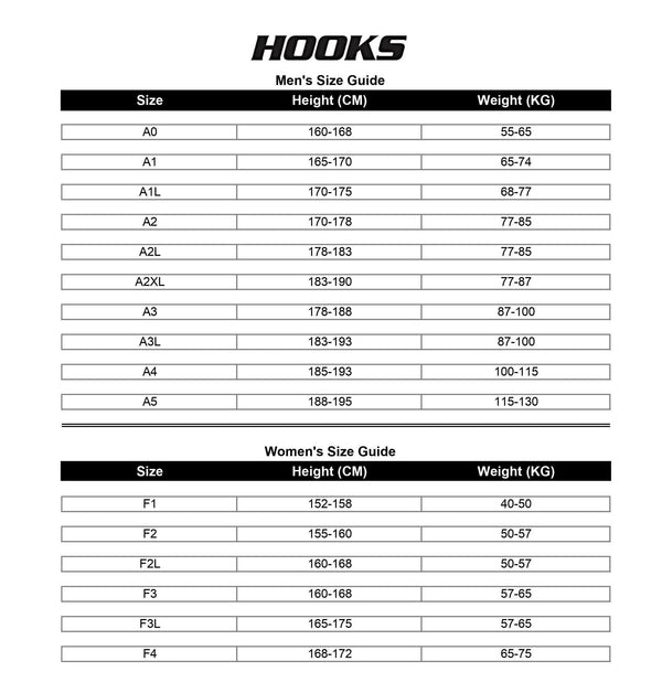 Sizing Chart and size recommendations for the Hooks Prolight Gi