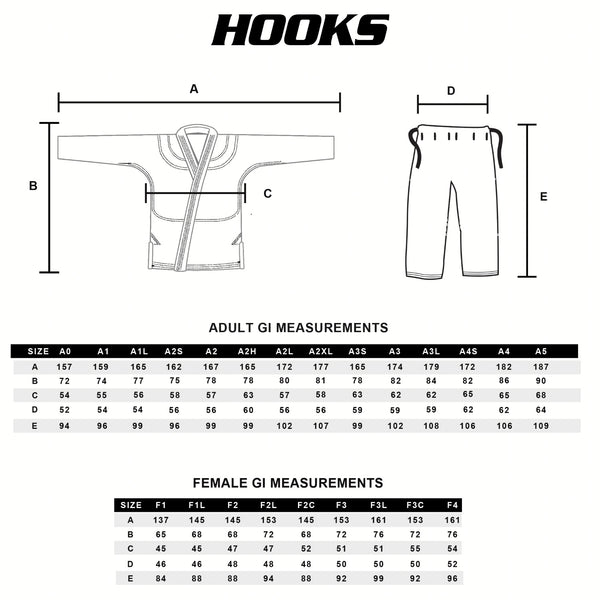 Hooks Brazilian Jiu Jitsu Adult Gi Size Chart