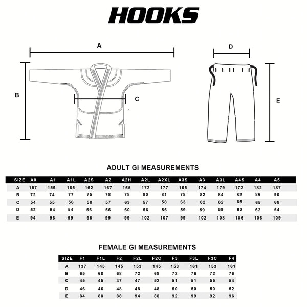 Hooks Adult BJJ Gi Measurements Chart