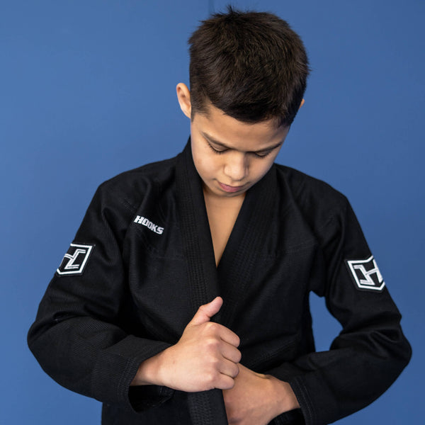 Hooks Kids Prolight II BJJ GI, Black with White Design for Brazilian Jiu Jitsu Kimono