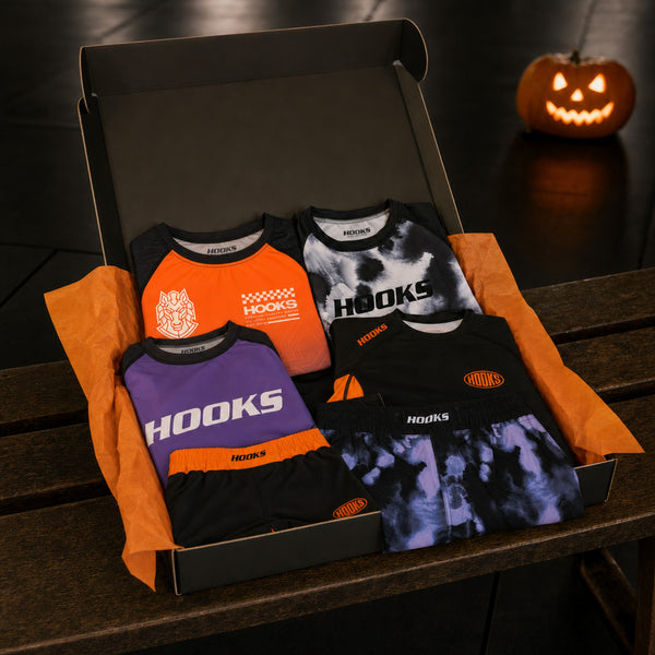 Halloween Mystery Box, example Medium box of Hooks rash guards and shorts
