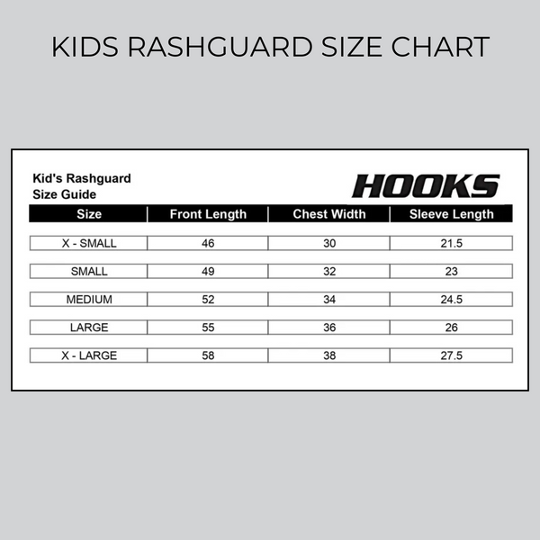 Ultimate Kids BJJ Rashguard size chart 