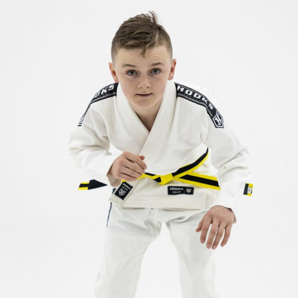 Kids Hooks Origin BJJ Gi - White with White Belt - Hooks Jiu-Jitsu