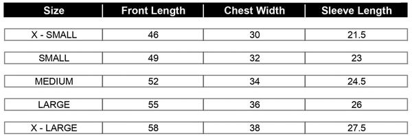 Kids BJJ Rash guard - Measurement Chart